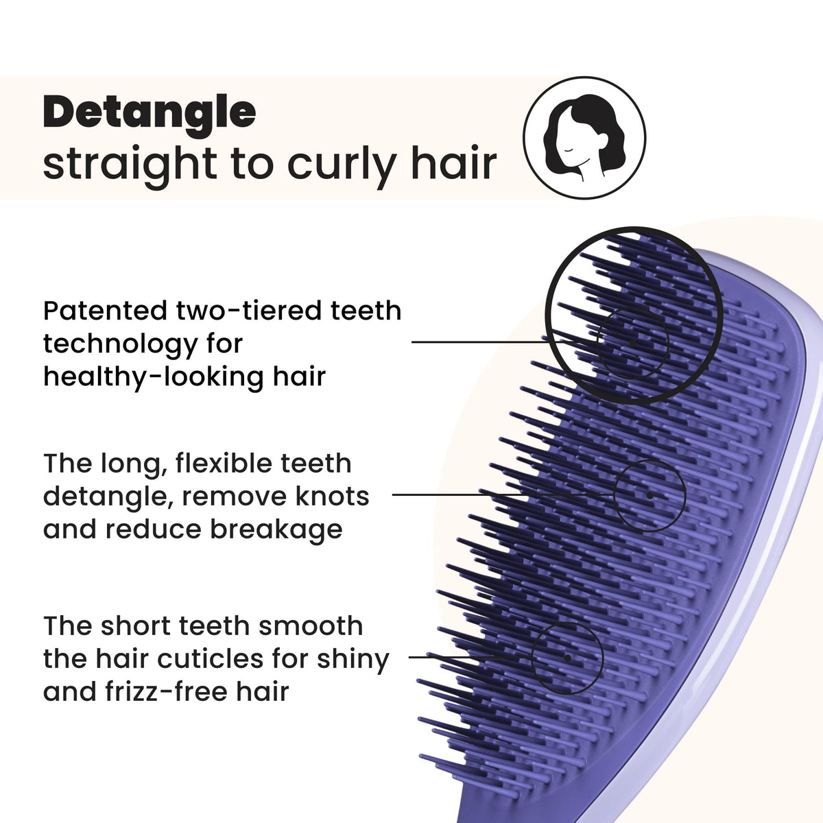 TANGLE TEEZER close-up of two-tiered teeth to demonstrate gentle detangling and reduced breakage