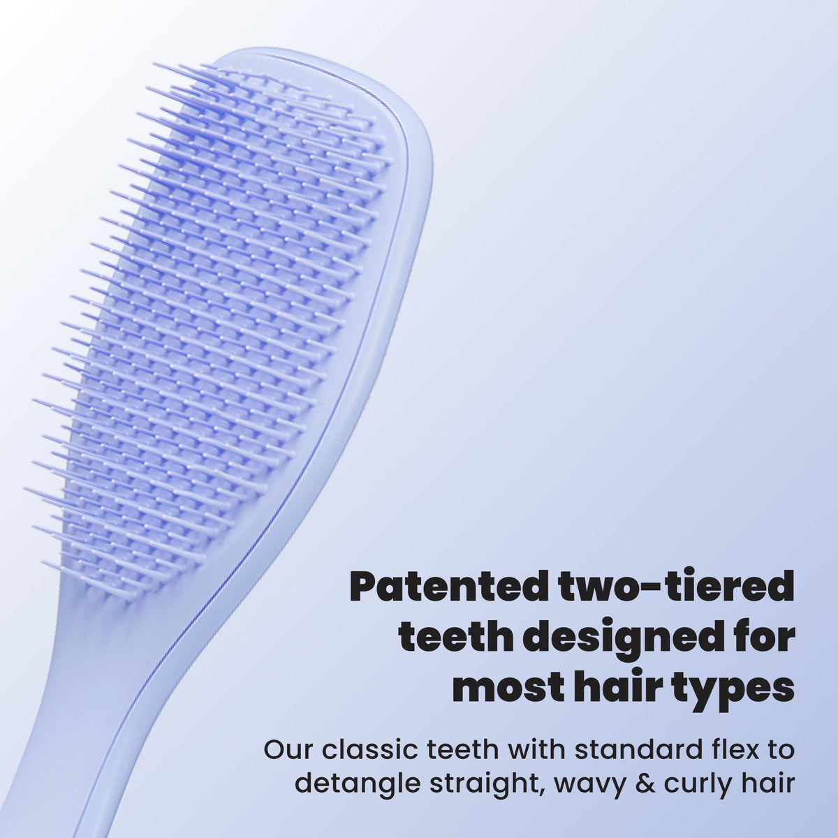 TANGLE TEEZER close-up of two-tiered teeth demonstrating gentle knot release