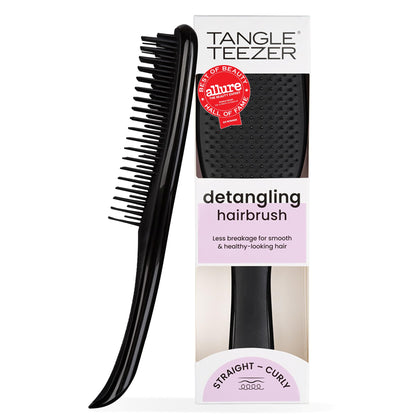 TANGLE TEEZER front view showing compact black detangler, quick knot removal
