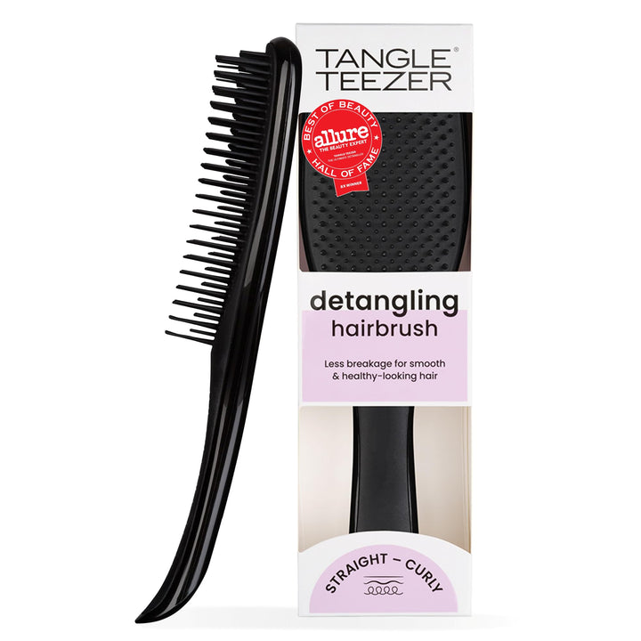 TANGLE TEEZER front view showing compact black detangler, quick knot removal