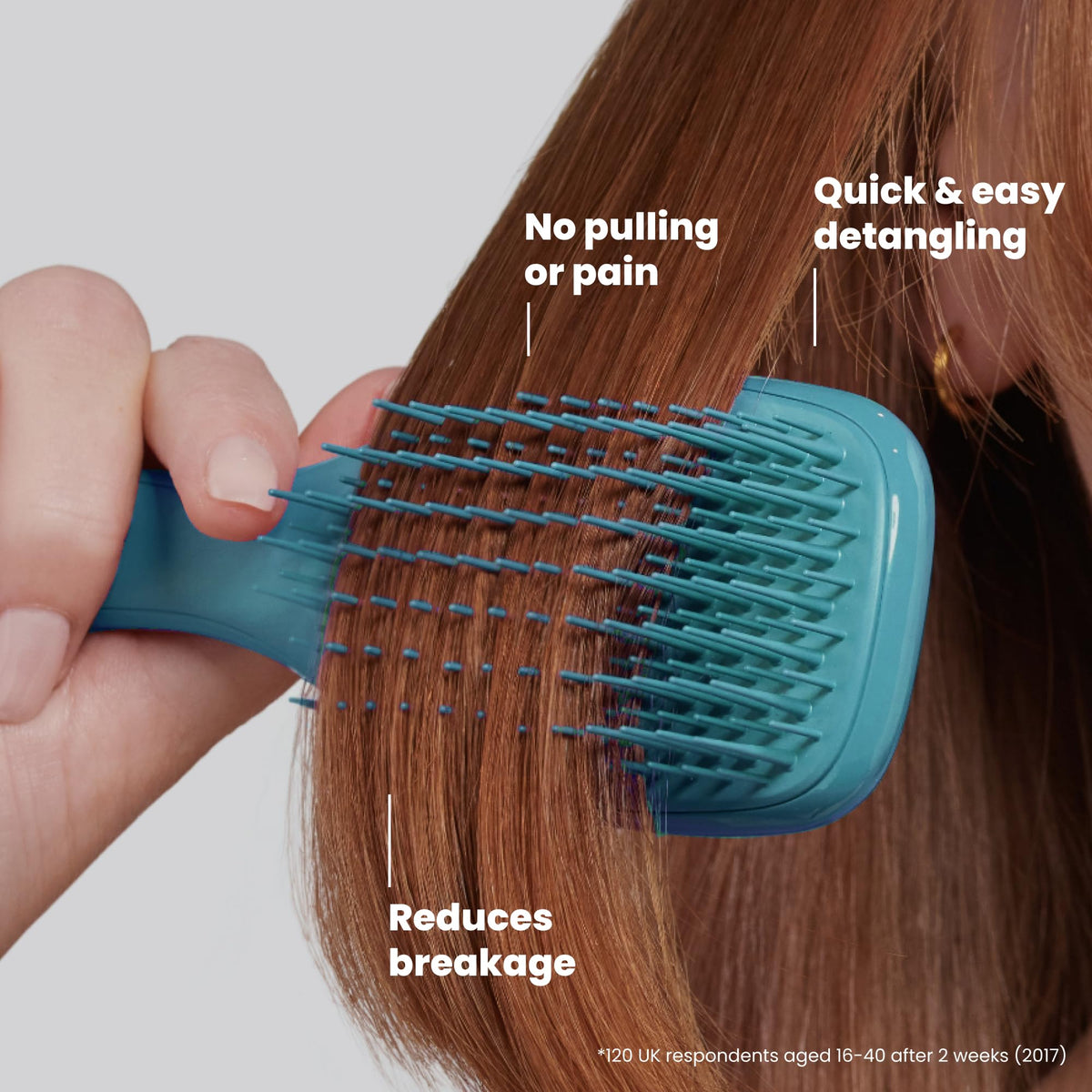 TANGLE TEEZER brush held in hand illustrating size and convenient carry