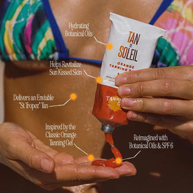Tanning Club 100ml size next to a hand showing travel-friendly volume