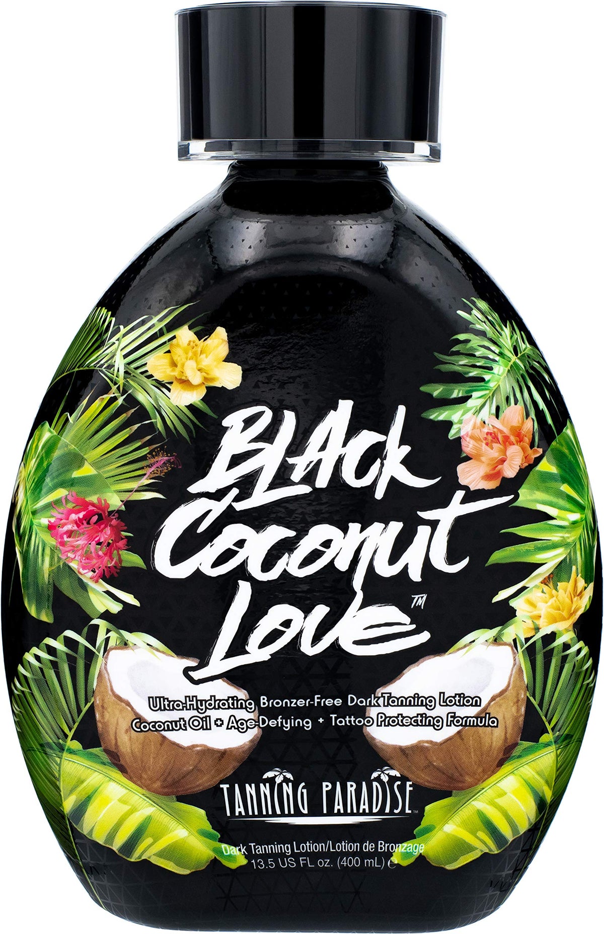 TANNING PARADISE front bottle showing label and size, highlighting hydration benefit