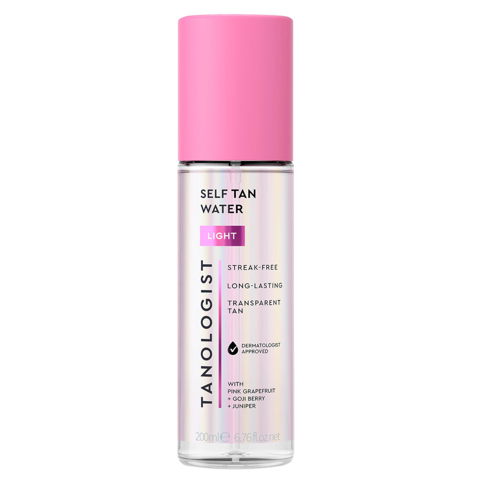 Tanologist bottle front view showing clear self tan water and branding for easy identification