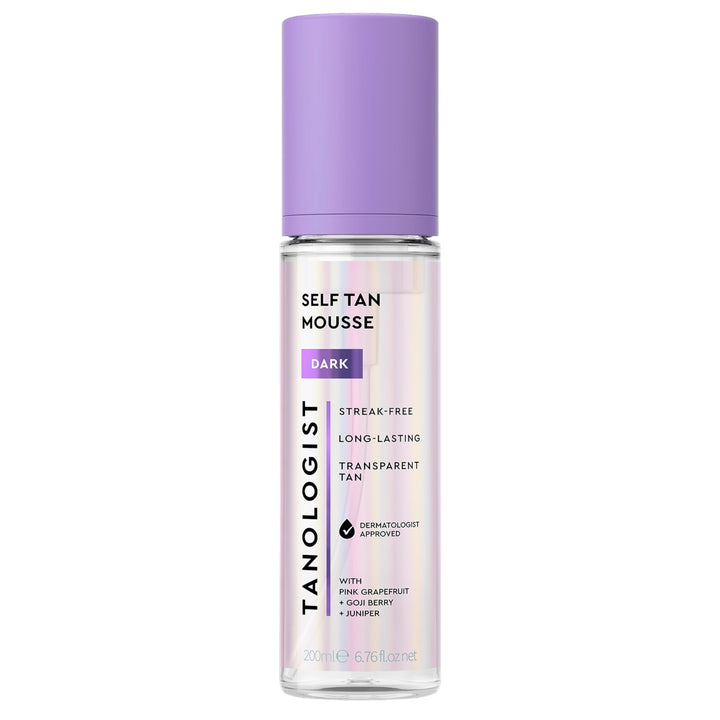Tanologist dark mousse bottle front view showing packaging and benefits