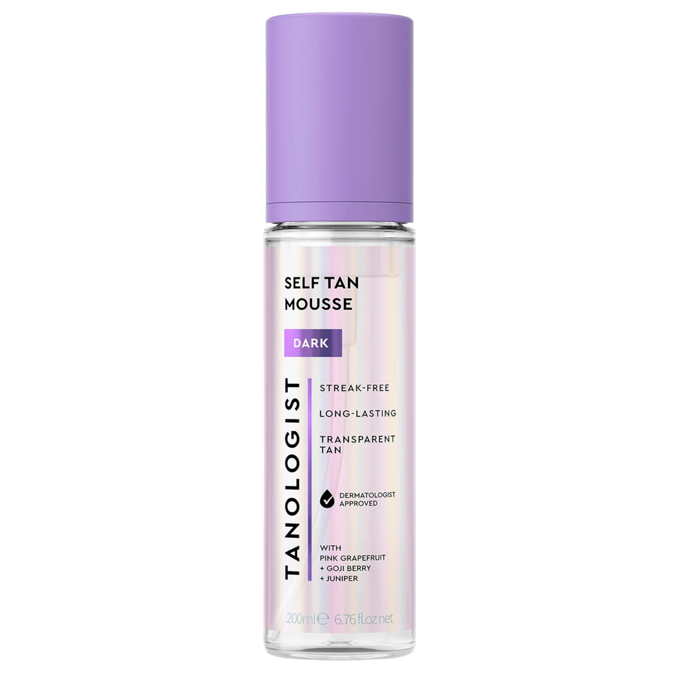 Tanologist dark mousse bottle front view showing packaging and benefits