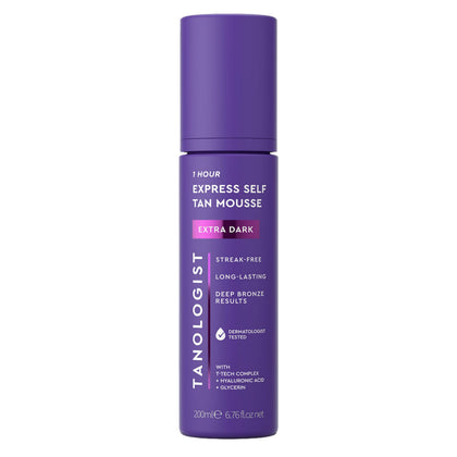 Tanologist extra dark bottle front view showing product branding and size benefit