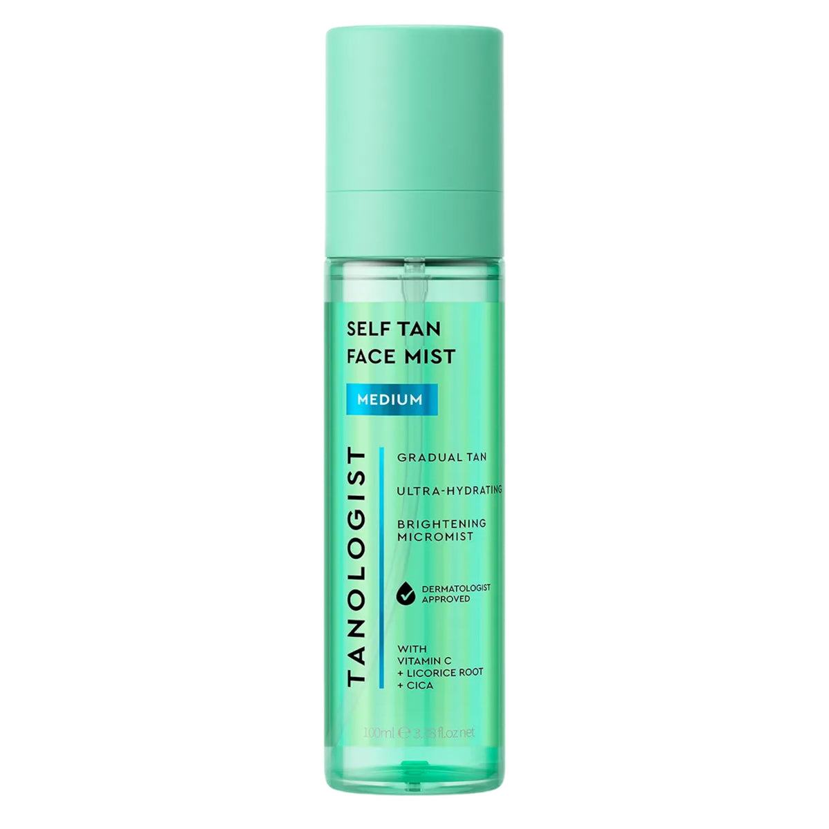 Tanologist face mist front bottle showing medium shade and sleek packaging, clear formula benefit