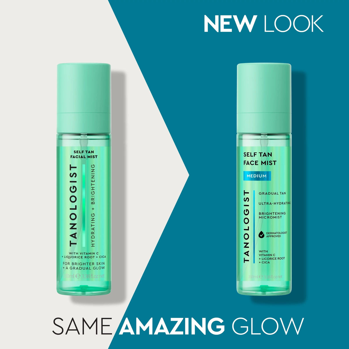 Tanologist face mist spraying fine mist onto skin, quick application and buildable glow benefit