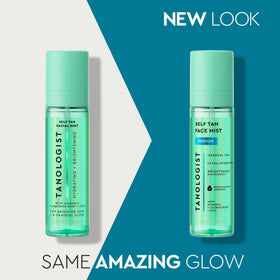 Tanologist face mist spraying fine mist onto skin, quick application and buildable glow benefit