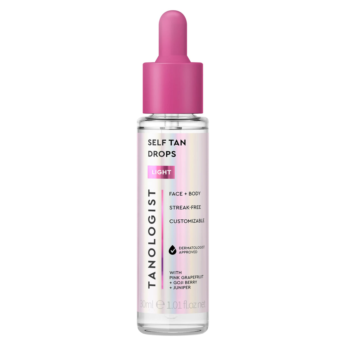 Tanologist front bottle view showing sleek packaging and easy-to-use dropper for customizable glow