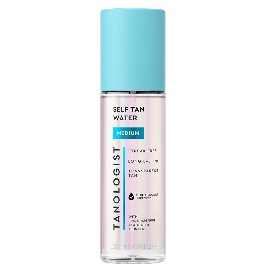 Tanologist bottle front packaging showing clear tanning water and brand