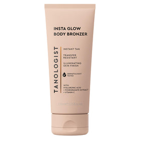 Tanologist front tube of Insta Glow Body Bronzer showing packaging and size benefit