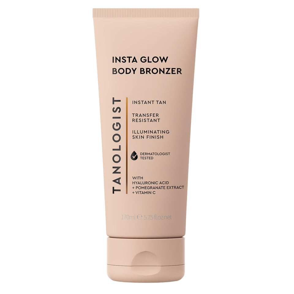 Tanologist front tube of Insta Glow Body Bronzer showing packaging and size benefit