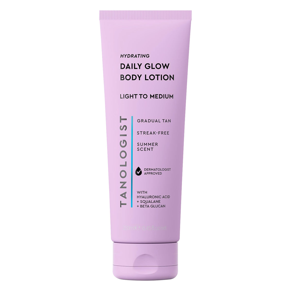 Tanologist tube front view showing branding and shade with clear packaging benefit