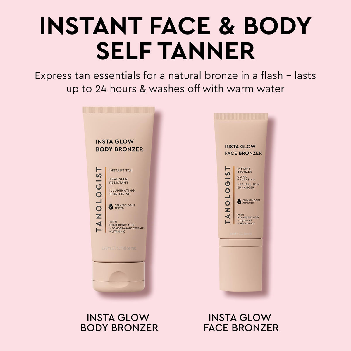 Tanologist product label close-up showing claims and safe-for-sensitive-skin benefit