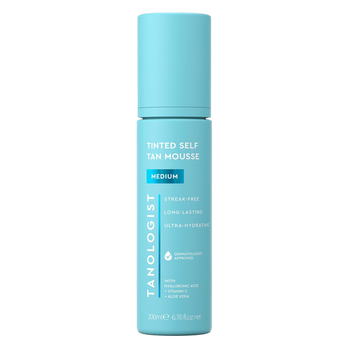 Tanologist medium mousse front bottle showing packaging and quick-glow benefit