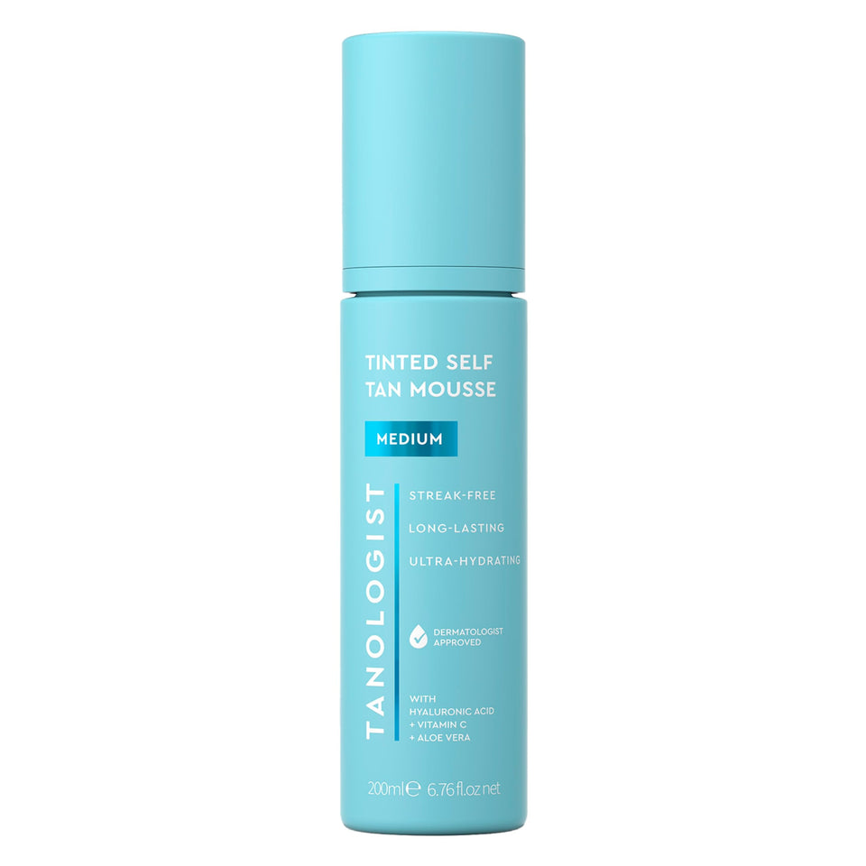 Tanologist medium mousse front bottle showing packaging and quick-glow benefit