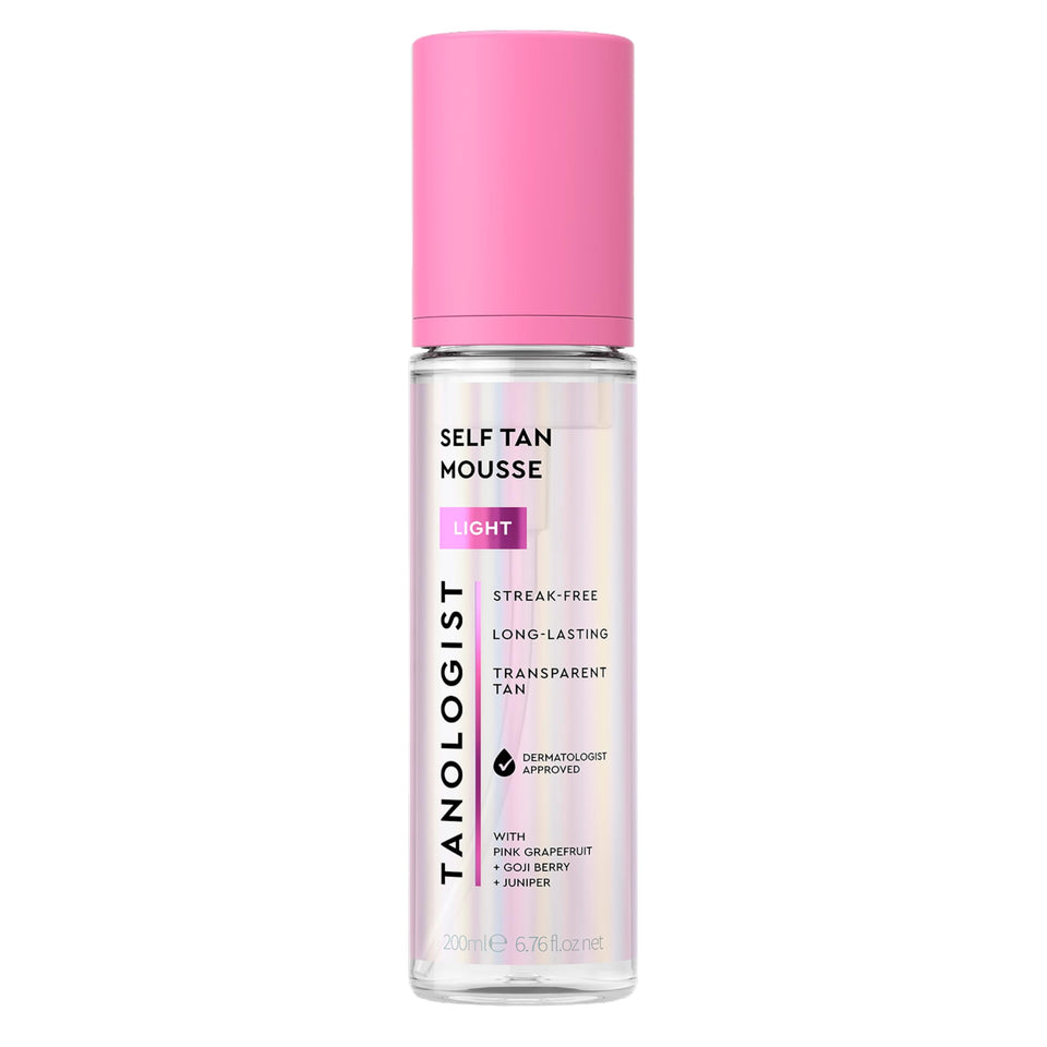Tanologist front packaging showing the light self tanner mousse and benefits