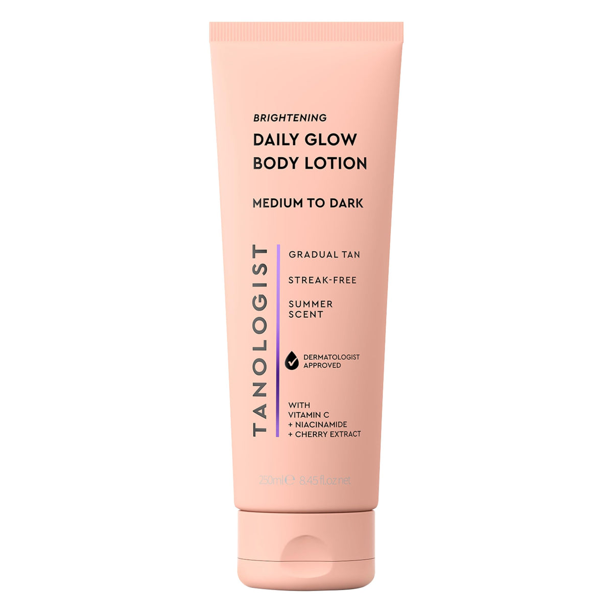 Tanologist tube front view showing branding and shade, promotes natural gradual tan