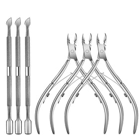 TANPIUS front view packaging showing six stainless steel manicure tools and neat arrangement