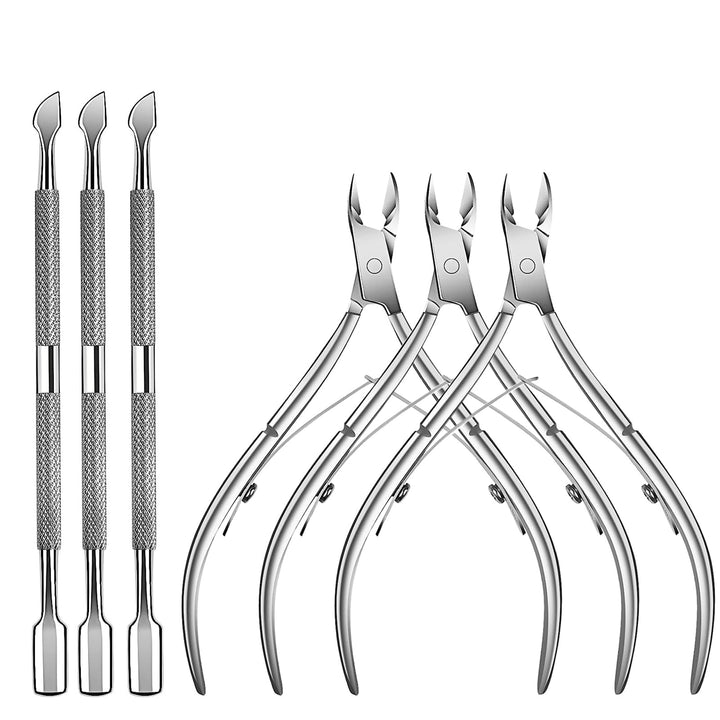 TANPIUS front view packaging showing six stainless steel manicure tools and neat arrangement