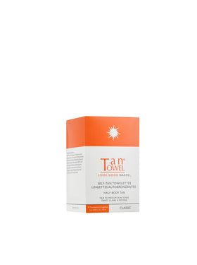 Tan Towel classic pack front view showing ten sealed towelettes and portability benefit