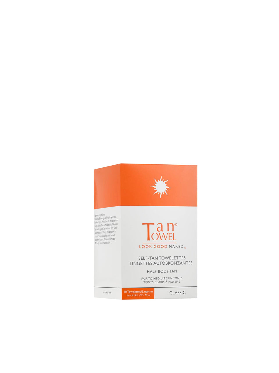 Tan Towel classic pack front view showing ten sealed towelettes and portability benefit