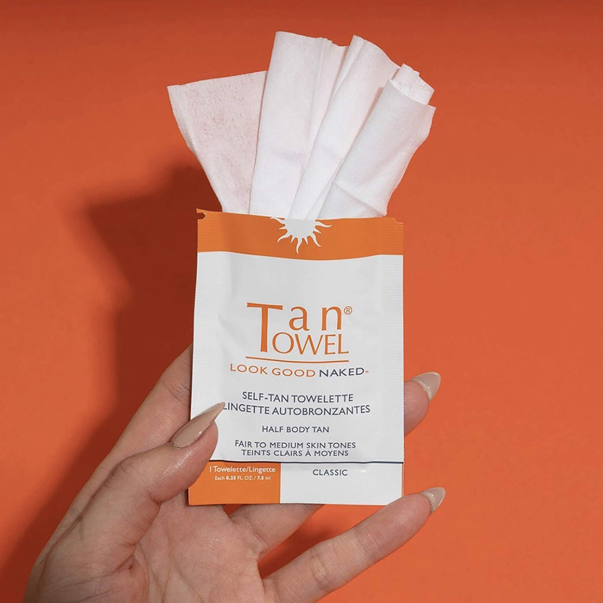 Tan Towel close-up of towelette texture demonstrating smooth, streak-free application