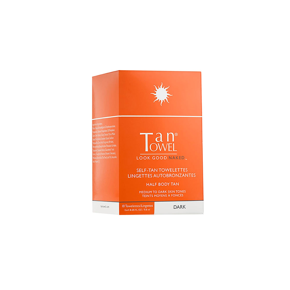 TanTowel front packaging showing dark towelette pack and quick tan benefit