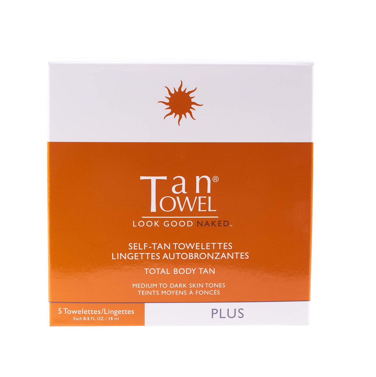 Tan Towel Plus front packaging showing five individually wrapped towelettes for quick tanning