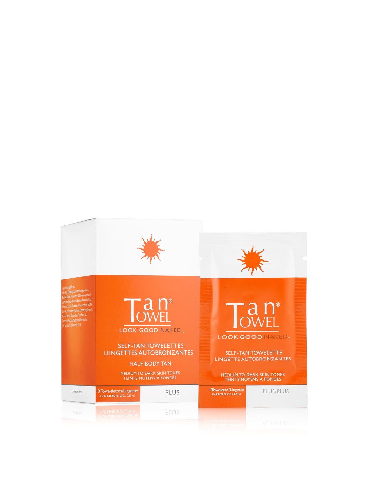 TanTowel plus front packaging showing 10 half-body tan towelettes and clear formula for fast application