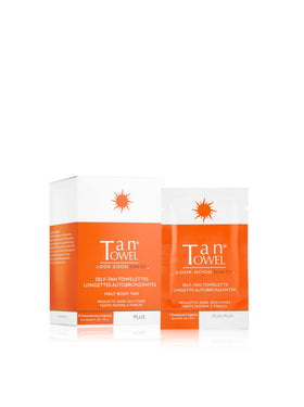 TanTowel plus front packaging showing 10 half-body tan towelettes and clear formula for fast application