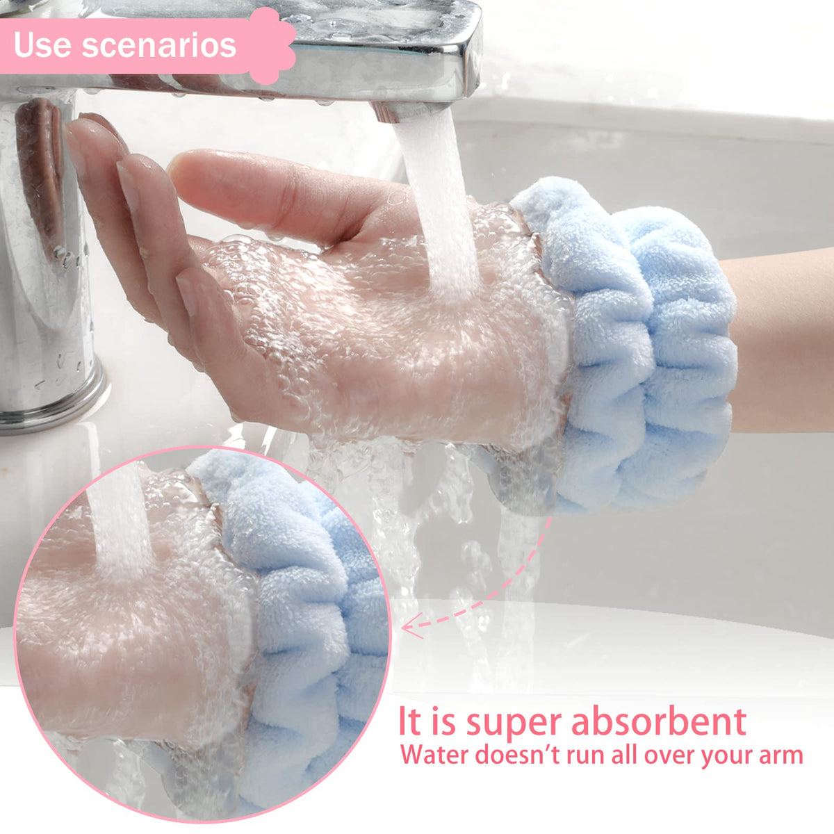 Taocar wrist band on wrist absorbing water splash during face wash for protection