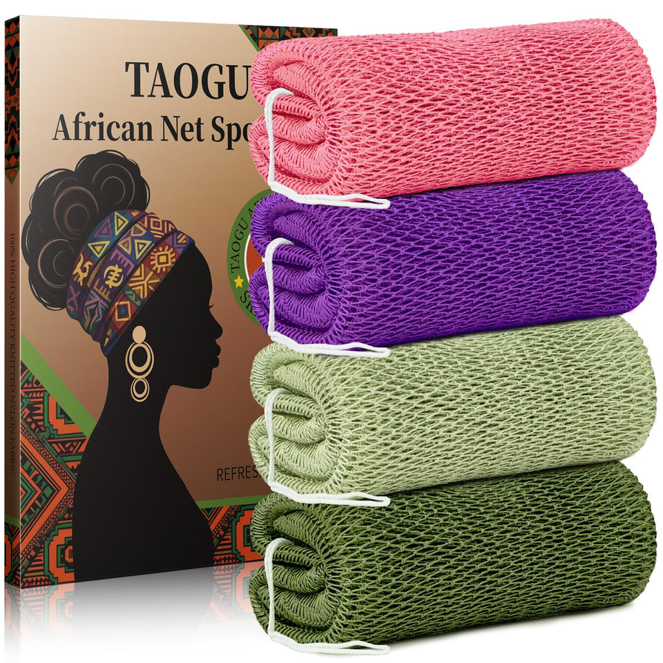 TAOGU front view of long African net sponge showing packaging and design benefits