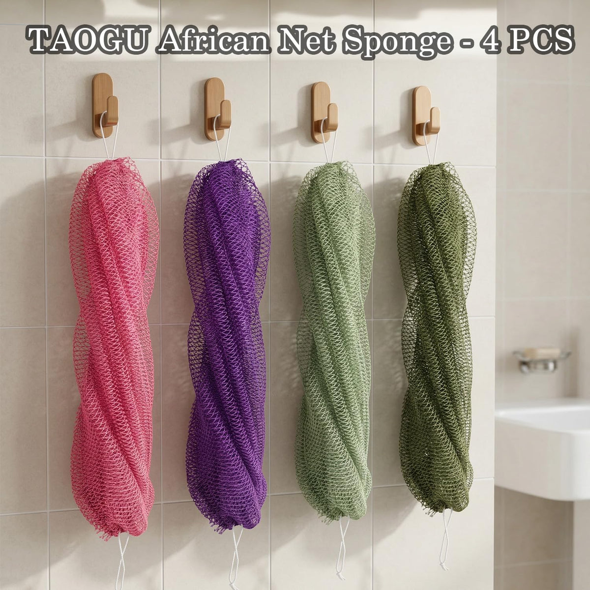 TAOGU net sponge beside a hand and towel for scale and easy-grip benefit