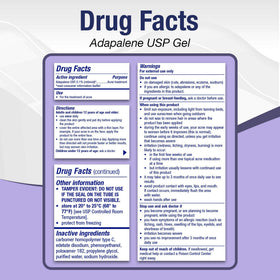 TARO close-up label highlighting adapalene 0.1% and paraben-free benefit