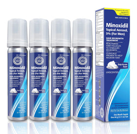 TARO front packaging showing four 2.11 oz minoxidil foam cans for easy dosing