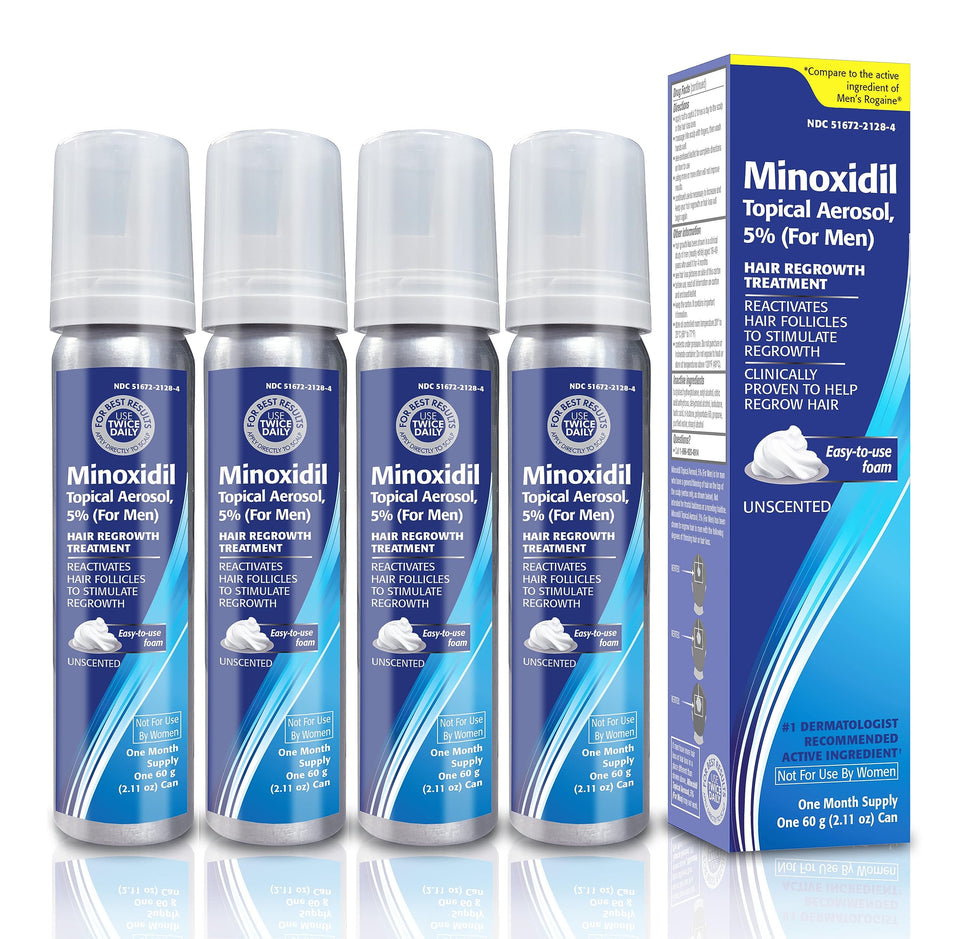 TARO front packaging showing four 2.11 oz minoxidil foam cans for easy dosing