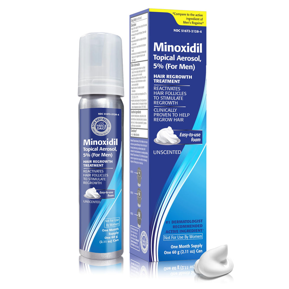 TARO front packaging of 5% minoxidil foam highlighting brand and easy dosing