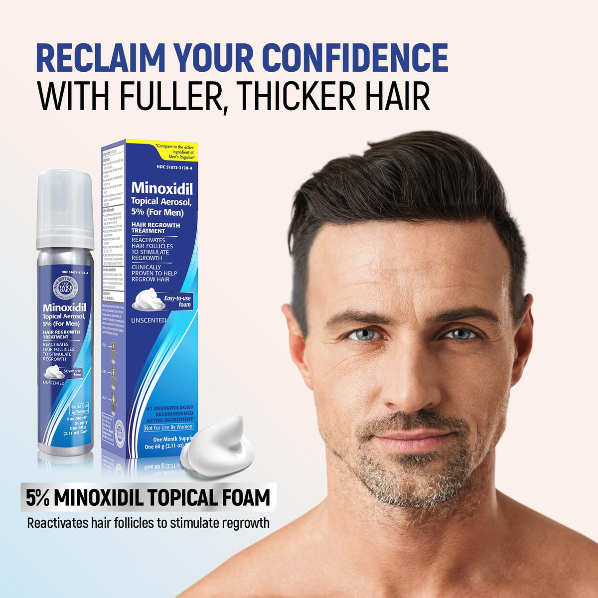 TARO minoxidil foam dispensed on fingers illustrating quick application benefit
