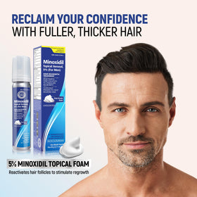 TARO minoxidil foam dispensed on fingers illustrating quick application benefit