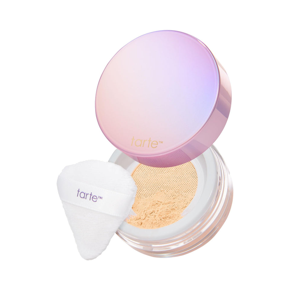 tarte creaseless powder front packaging showing jar and label for shelf appeal