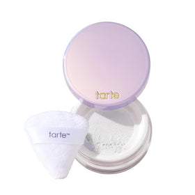tarte creaseless powder front packaging showing compact travel jar and logo benefits longwear