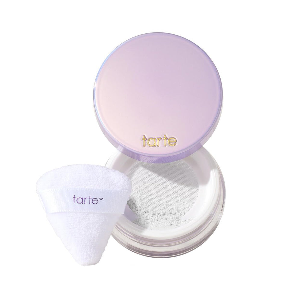 tarte creaseless powder front packaging showing compact travel jar and logo benefits longwear
