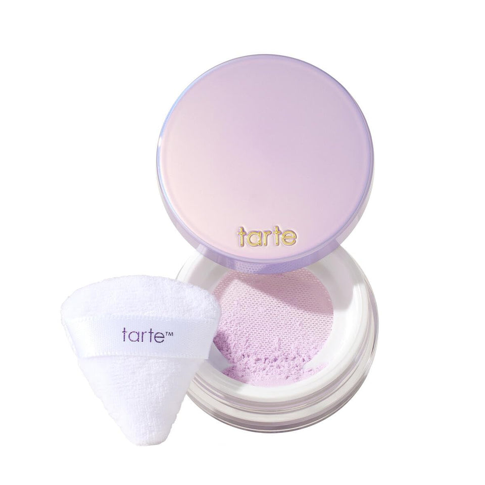tarte travel packaging front view showing compact lavender powder for easy touch-ups