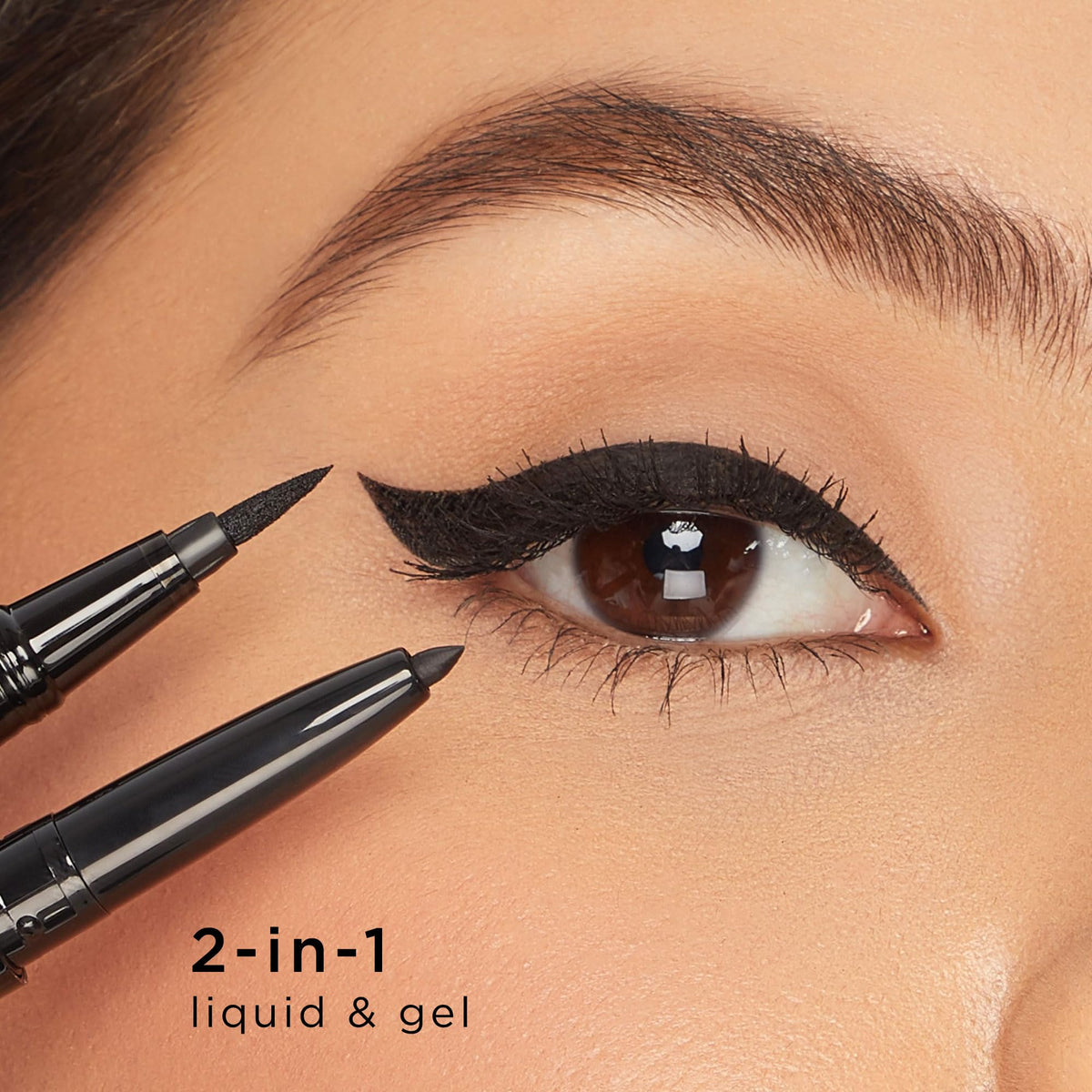 tarte lifestyle model wearing eyeliner, displays natural brown definition benefit