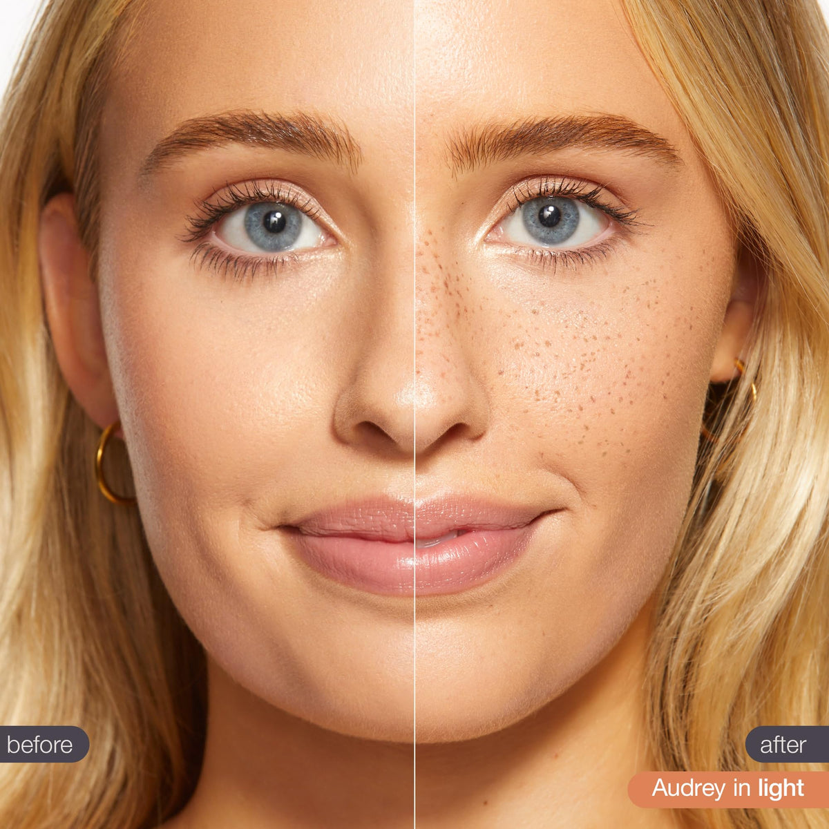 tarte freckle stamp shown in use on model's nose and cheeks for natural finish