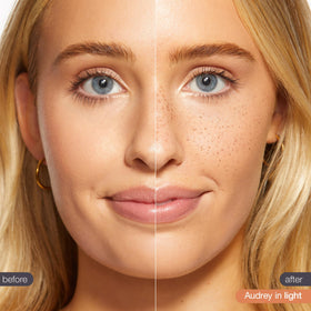 tarte freckle stamp shown in use on model's nose and cheeks for natural finish