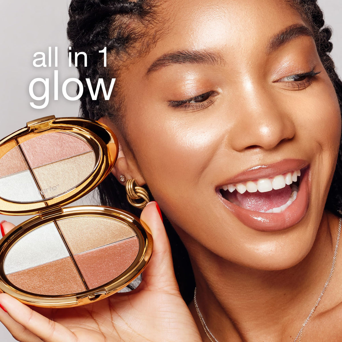 tarte product in use on model cheeks and lids showing natural lit glow